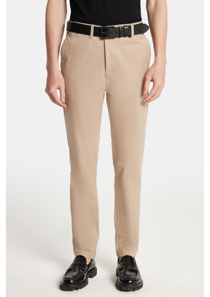 Erkek Regular Fit Chino Esnek Yandan Cepli Önü Fermuarlı Pamuklu Dokulu bej Pantolon