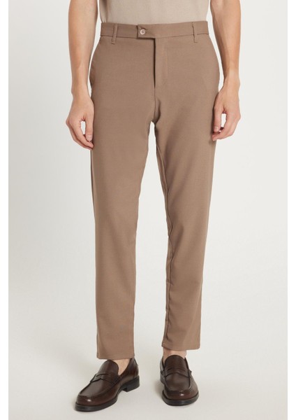 Erkek Slim Fit Dar Kesim Esnek Yan Cepli Bilek Boy Canvas Kesim Kahverengi Pantolon