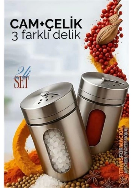 Modacar Cam+Çelik Tuzluk Biberlik Karabiberlik 3 Farklı Delikli 2 Li Set