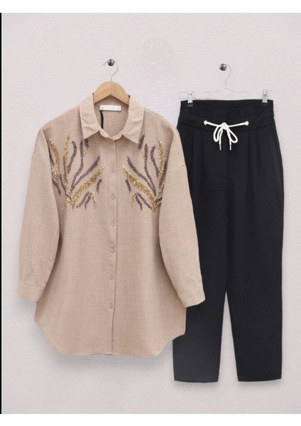 Önü Pul Payetli Uzun Gömlek -Vizon