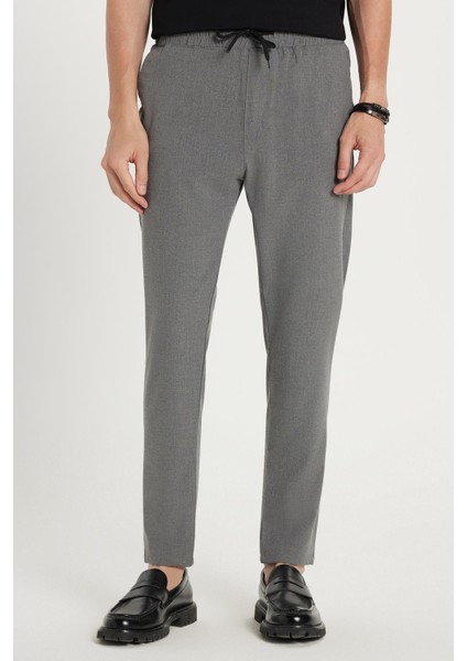 Erkek Slim Fit Dar Kesim Pamuklu Lastikli Beli Bağcıklı Koyu Gri Pantolon
