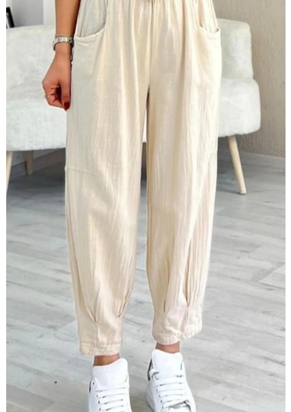 Kadın Beli Lastikli Kemerli Paça Pens Detaylı Cepli %100 Pamuk Keten Pantolon