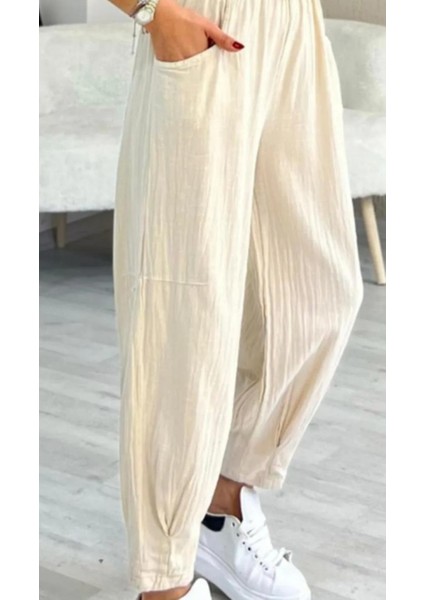 Kadın Beli Lastikli Kemerli Paça Pens Detaylı Cepli %100 Pamuk Keten Pantolon fiyatları