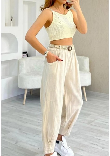 Kadın Beli Lastikli Kemerli Paça Pens Detaylı Cepli %100 Pamuk Keten Pantolon modelleri