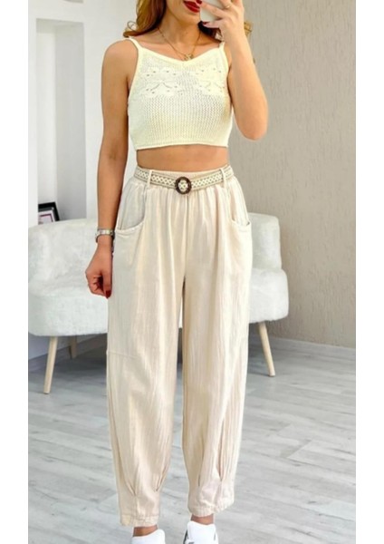 Kadın Beli Lastikli Kemerli Paça Pens Detaylı Cepli %100 Pamuk Keten Pantolon fırsatları