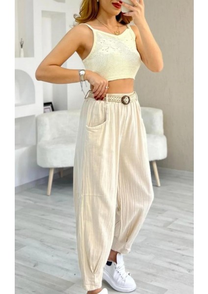 Kadın Beli Lastikli Kemerli Paça Pens Detaylı Cepli %100 Pamuk Keten Pantolon indirimleri