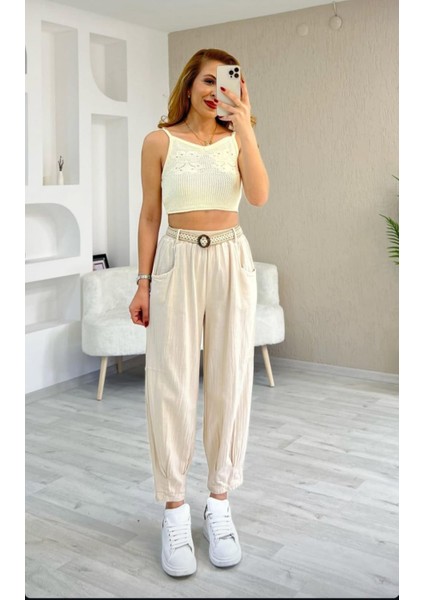 Kadın Beli Lastikli Kemerli Paça Pens Detaylı Cepli %100 Pamuk Keten Pantolon