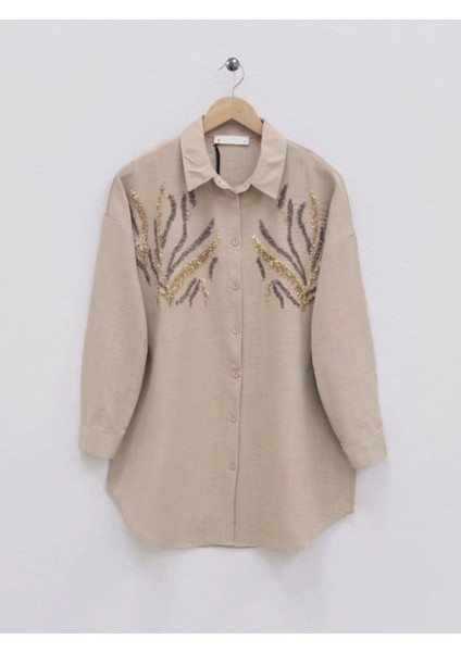 Önü Pul Payetli Uzun Gömlek -Vizon modelleri