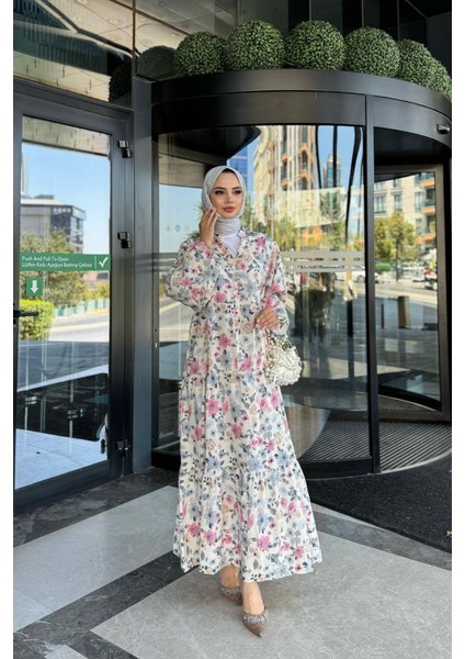 Çiçekli V Yaka Düğme Detaylı Elbise
