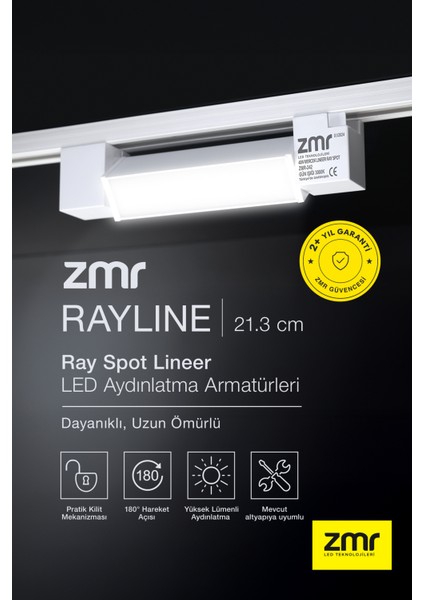 Rayline Opak Beyaz 10W 21.3 cm 4000K Crı 90 Pratik Kilit Mekanizması Ray Spot Lineer LED Aydınlatma