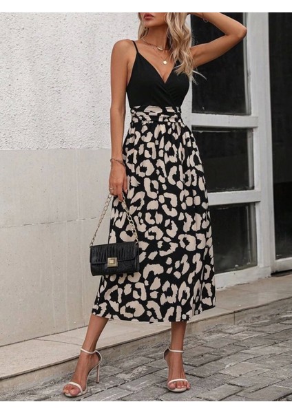 Kadın Ip Askılı Kruvaze Yakalı Üst Janjan Alt Süprem Elbise