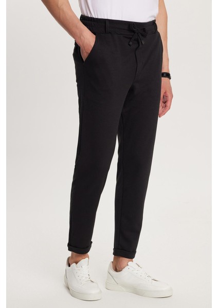 Erkek Slim Fit Pamuklu Beli Bağlamalı Yan Cepli Katlamalı Paça Jogger Siyah pantolon