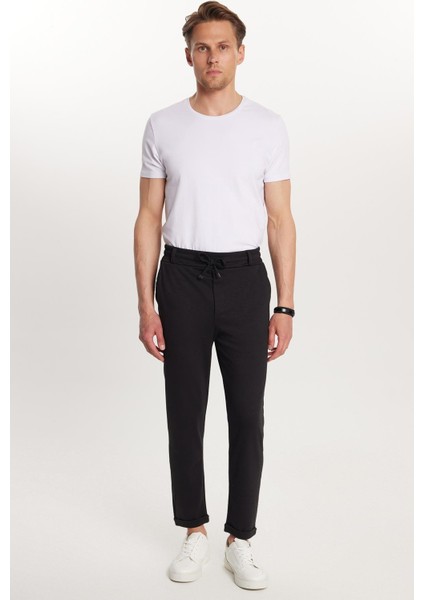 Erkek Slim Fit Pamuklu Beli Bağlamalı Yan Cepli Katlamalı Paça Jogger Siyah pantolon modelleri