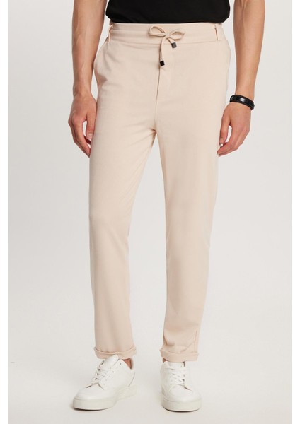 Erkek Slim Fit Pamuklu Beli Bağlamalı Yan Cepli Katlamalı Paça Jogger Bej Pantolon