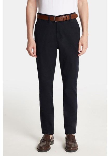 Erkek Regular Fit Chino Esnek Yandan Cepli Önü Fermuarlı Pamuklu Dokulu lacivert Pantolon