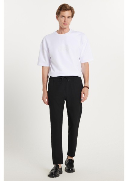 Erkek Slim Fit Dar Kesim Pamuklu Lastikli Beli Bağcıklı Siyah Pantolon fırsatları