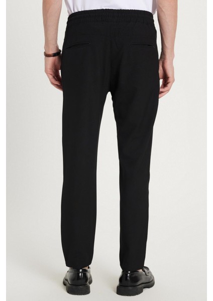 Erkek Slim Fit Dar Kesim Pamuklu Lastikli Beli Bağcıklı Siyah Pantolon indirimleri