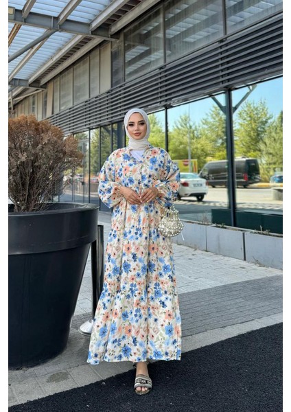 Çiçekli V Yaka Düğme Detaylı Elbise