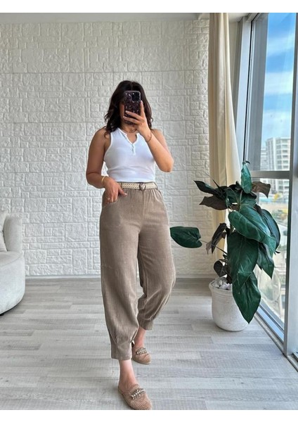 Kadın Beli Lastikli Kemerli Paça Pens Detaylı Cepli %100 Pamuk Keten Pantolon