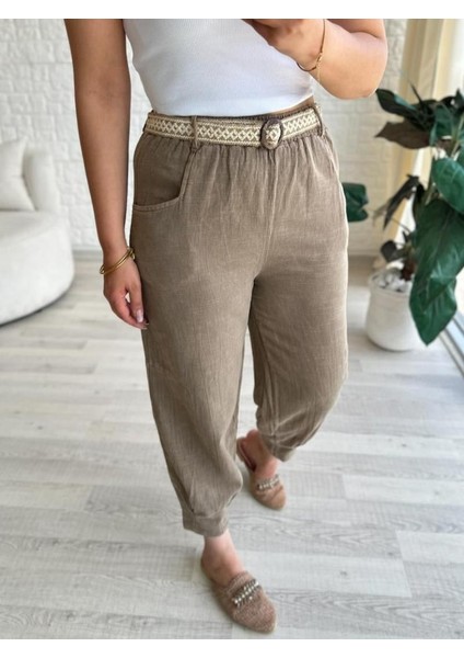 Kadın Beli Lastikli Kemerli Paça Pens Detaylı Cepli %100 Pamuk Keten Pantolon fiyatları