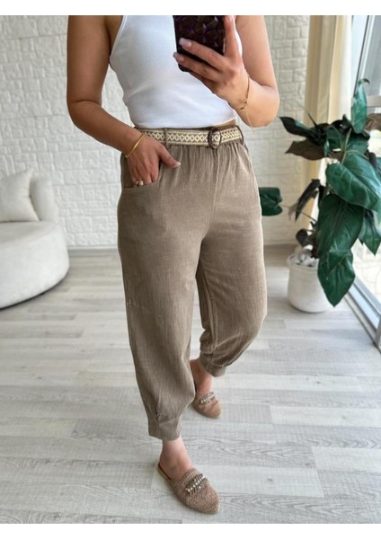 Kadın Beli Lastikli Kemerli Paça Pens Detaylı Cepli %100 Pamuk Keten Pantolon modelleri
