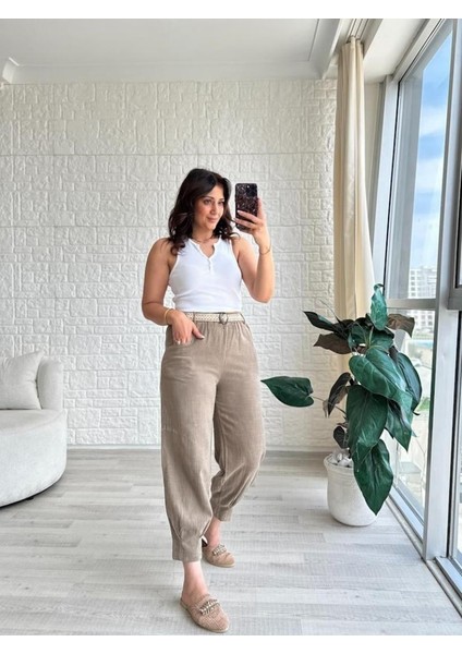 Kadın Beli Lastikli Kemerli Paça Pens Detaylı Cepli %100 Pamuk Keten Pantolon fırsatları