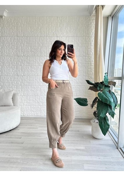 Kadın Beli Lastikli Kemerli Paça Pens Detaylı Cepli %100 Pamuk Keten Pantolon