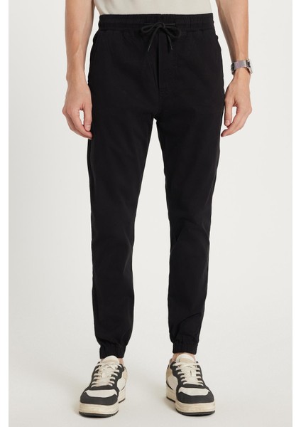 Erkek Slim Fit Dar Kesim Pamuklu Normal Bel Lastikli Paça siyah Pantolon