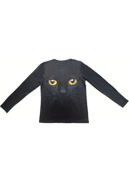 Kadın Uzun Kollu Bisiklet Yaka Kedi Desenli Süprem Bluz fırsatları