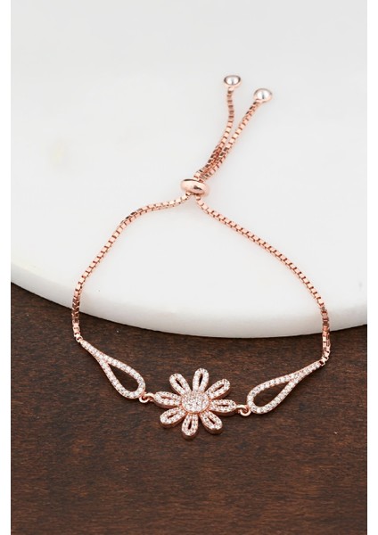 Güneş Motifli Rose Renk Zirkon Taşlı Gümüş Bayan Bileklik