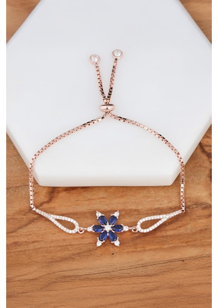 Lacivert Taşlı Lotus Gümüş Bayan Bileklik