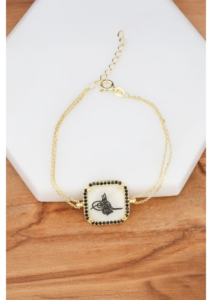 Tuğra Motifli Altın Kaplama Gümüş Sedef Bayan Bileklik