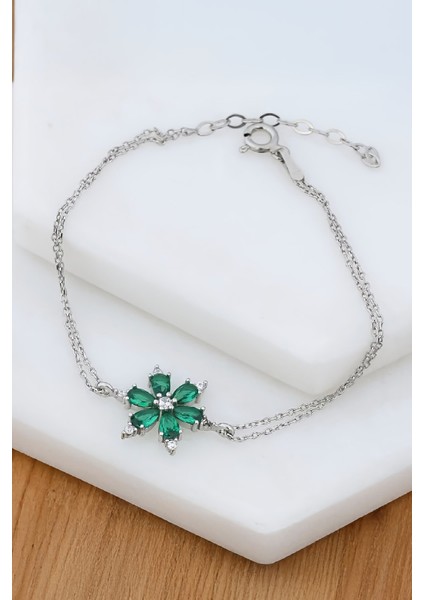 Yeşil Zirkon Taşlı Rodyumlu Gümüş Lotus Bayan Bileklik