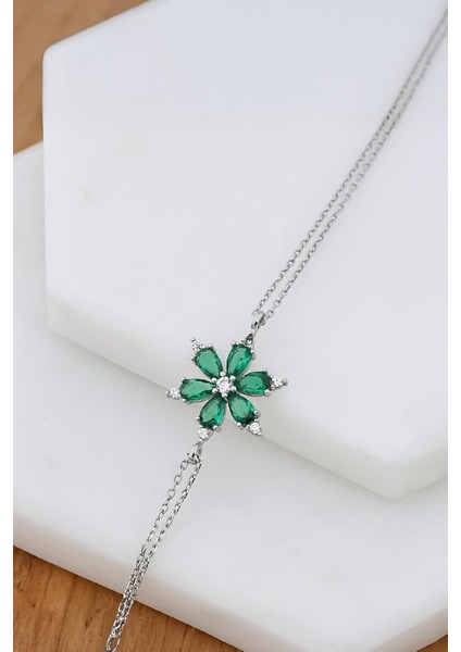 Yeşil Zirkon Taşlı Rodyumlu Gümüş Lotus Bayan Bileklik fiyatları