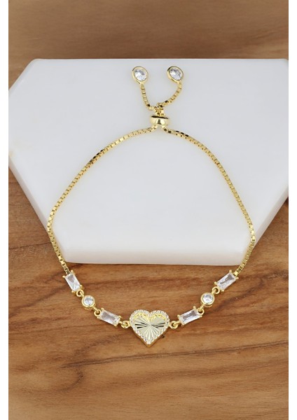 Altın Kaplama Zirkon Taşlı Kalp Gümüş Bayan Bileklik