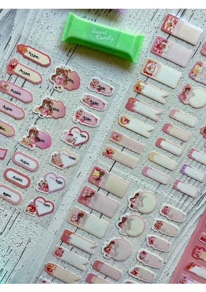 Kawaii Karakterli Koyu Pembe 4 Yaprak 92 Adet Şeffaf Koruma Katmanlı Su Geçirmez Okul Isim Etiketi / Sticker / Çıkartma / Bant