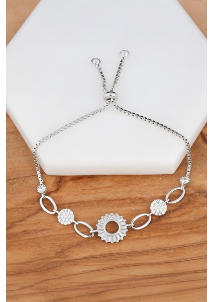 Rodyumlu Baget Taşlı Yuvarlak Gümüş Bayan Bileklik