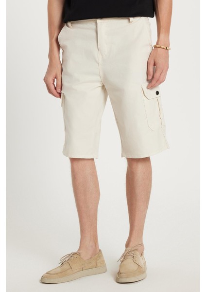 Erkek Relax Fit Rahat Kesim %100 Pamuk Kargo Cep Bej Kapri Şort