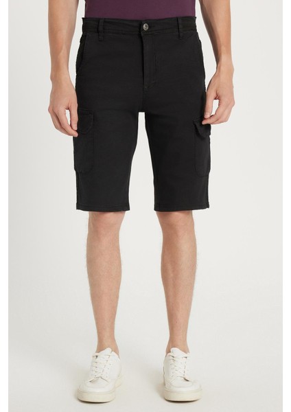 Erkek Relax Fit Rahat Kesim %100 Pamuk Kargo Cep Siyah Kapri Şort