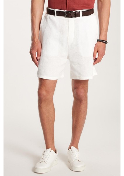 Erkek Regular Rahat Kesim Beli Lastikli ve Kordonlu Yandan Cepli Ekru bermuda Şort