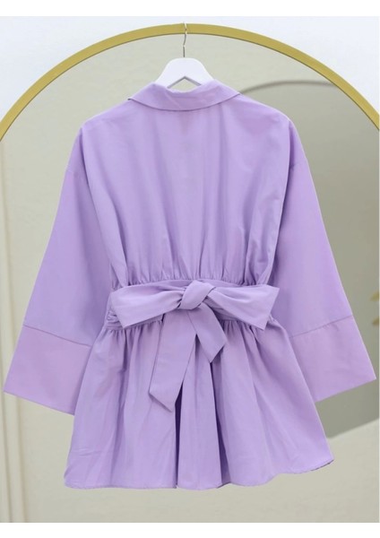 Yarım Düğmeli Beli Bağlamalı Yanı Fermuarlı Tunik -Lila