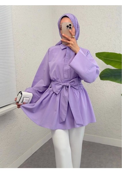 Yarım Düğmeli Beli Bağlamalı Yanı Fermuarlı Tunik -Lila modelleri