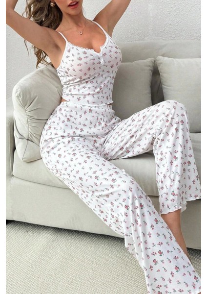 Ekru Yaz Romantizmi Askılı Pijama Takımı 7359