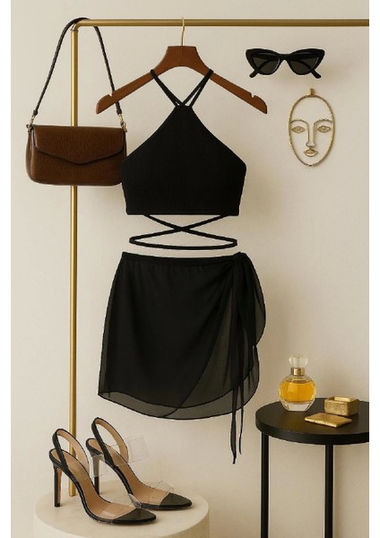 Kadın Siyah Çapraz Bağlamalı Crop ve Pareo 2'li Set fiyatları