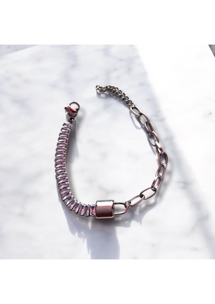 Yarı Zincirli Yarı Uzun Baget Taşlı Çelik Bileklik