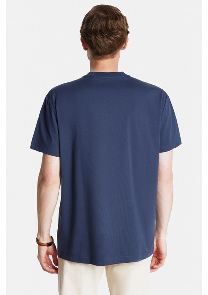 Relax Fit Rahat Kesim Pamuklu Ön Baskı Detaylı Bisiklet Yaka Lacivert Erkek Tişört indirimleri