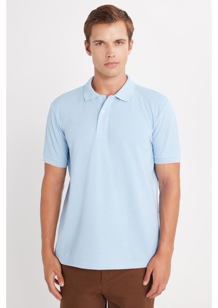 Erkek Regular Fit Klasik Kesim Pamuklu Yumuşak Dokulu Serin Tutan Kumaş Düz Mavi Polo Yaka Tişört