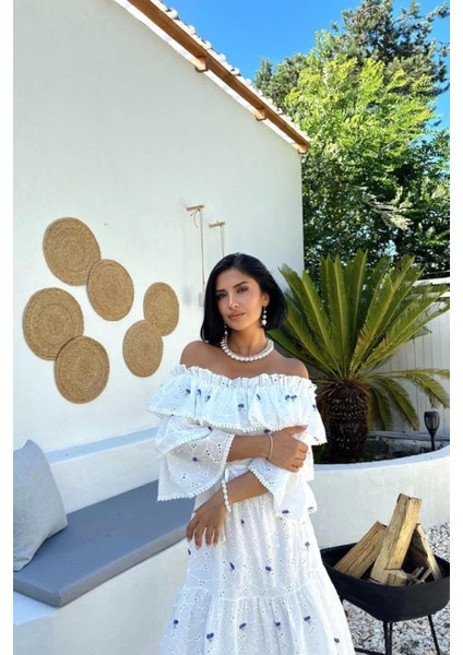 Lila Omuzları Lastikli Brode Elbise fiyatları