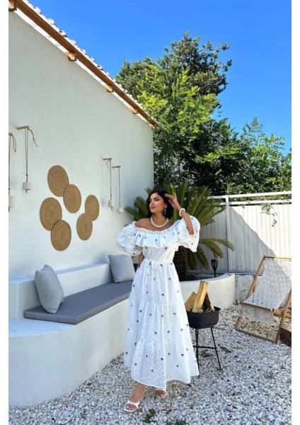 Lila Omuzları Lastikli Brode Elbise modelleri