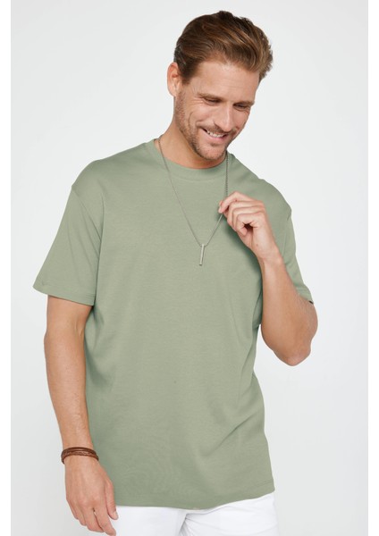 Unisex Relax Fit Rahat Kesim %100 Pamuk Yumuşak Dokulu Hafif Kalın Yeşil Bisiklet Yaka Tişört